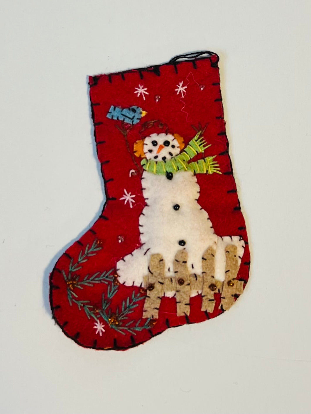 Snowman Waiting at the Fence - Mini Stocking Ornament